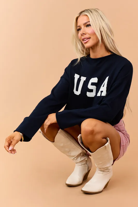 Navy 'USA' Cropped Long Sleeve Sweater - LE LIS