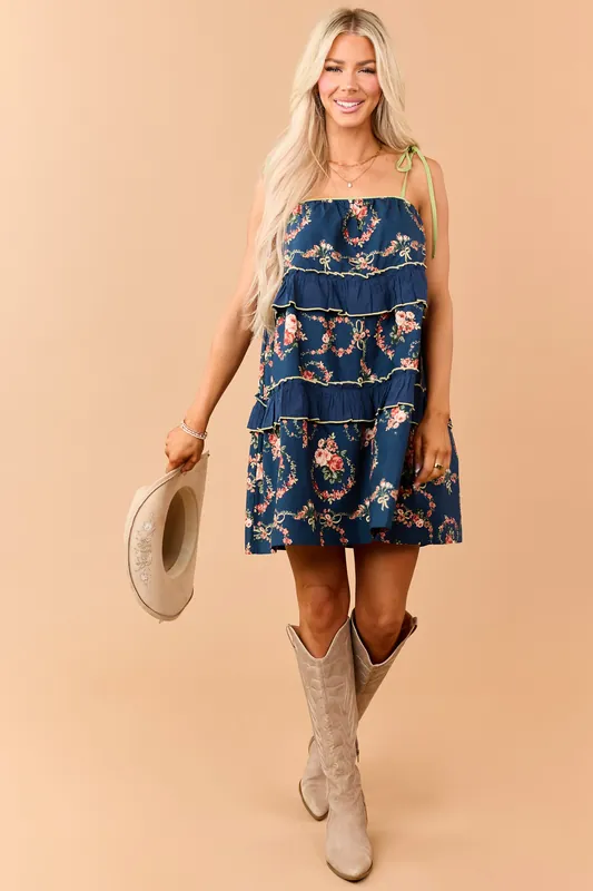 Listicle Navy Cotton Floral Print Tiered Mini Dress