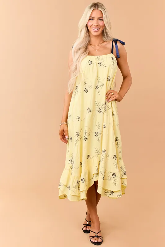 Lemon 3D Floral Embroidered Tie Strap Midi Dress - J.NNA