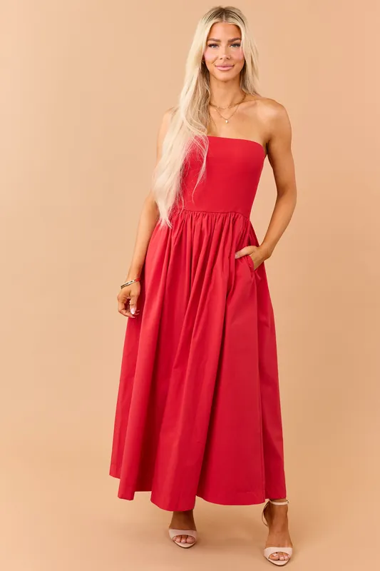 Lipstick Strapless Knit Contrast Cotton Maxi Dress - HYFVE