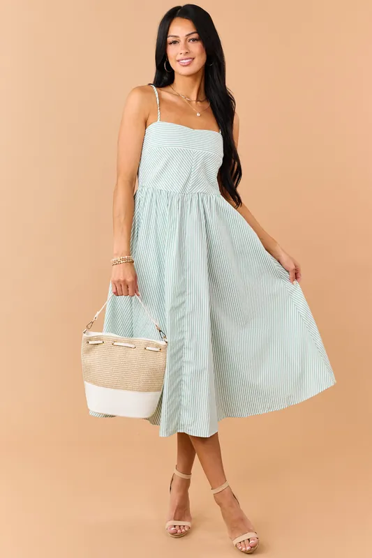 Sage Striped Smocked Back Sleeveless Midi Dress - HYFVE