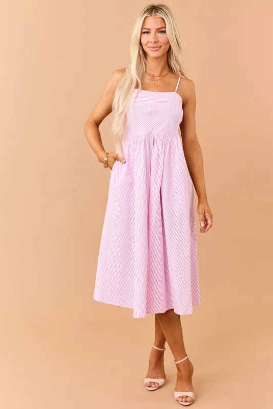 Baby Pink Striped Smocked Back Sleeveless Midi Dress - HYFVE