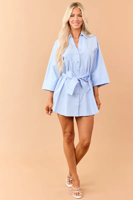 Powder Blue Cotton Button Down Mini Dress - Stitch & Co