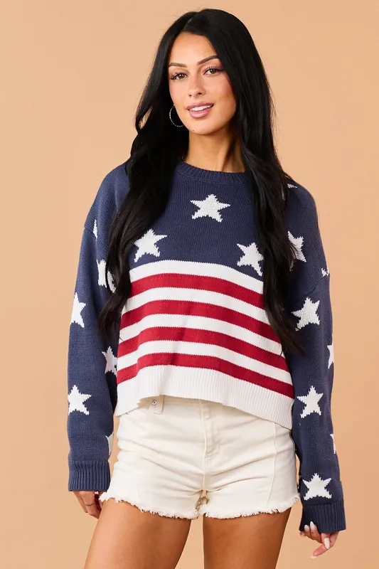 Navy Rib Knit American Flag Long Sleeve Sweater - LE LIS