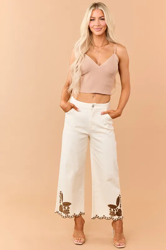 Cream Stretchy Floral Embroidered Straight Jeans - Lalavon