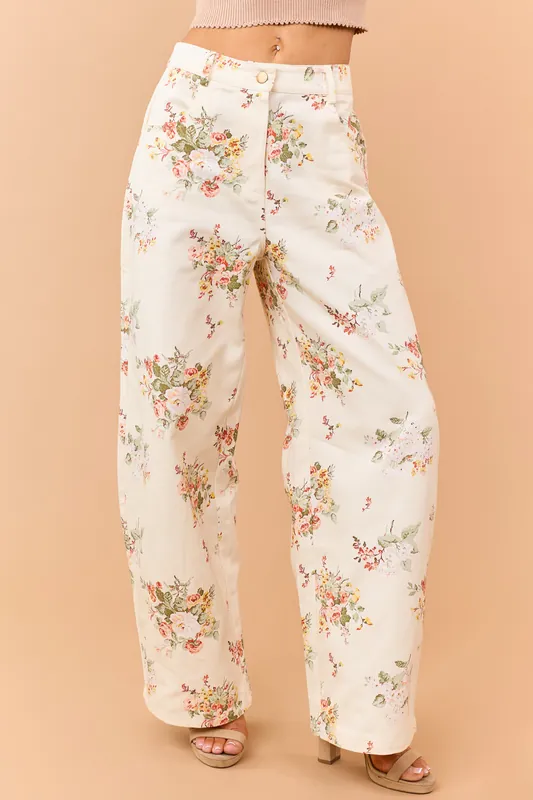 Cream Floral Print High Rise Wide Leg Jeans - Lalavon