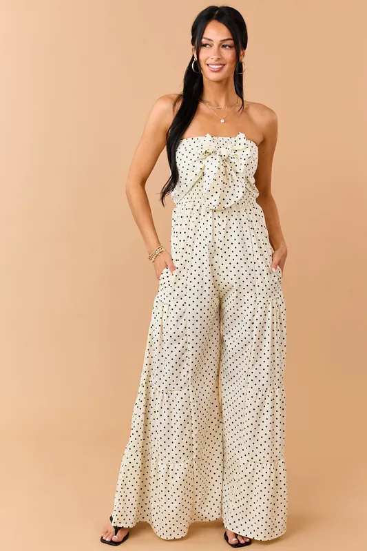 Cream Polka Dot Strapless Front Tie Jumpsuit - Jade by Jane