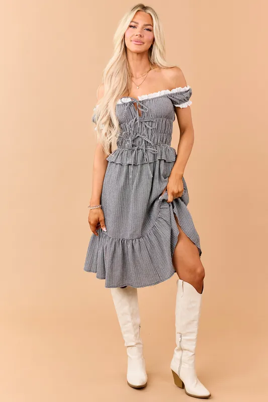 Black Gingham Eyelet Lace Trim Short Dress - Jade by Jane