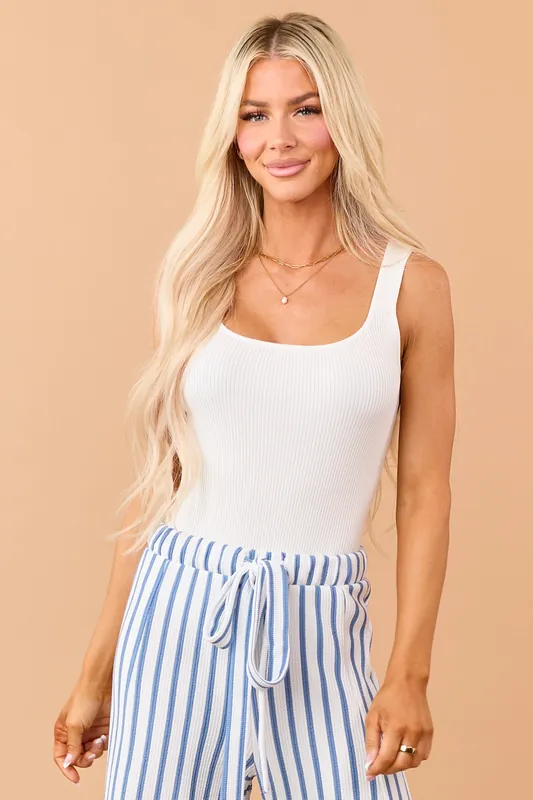 Off White Rib Knit Scoop Neck Tank Bodysuit - Jade by Jane