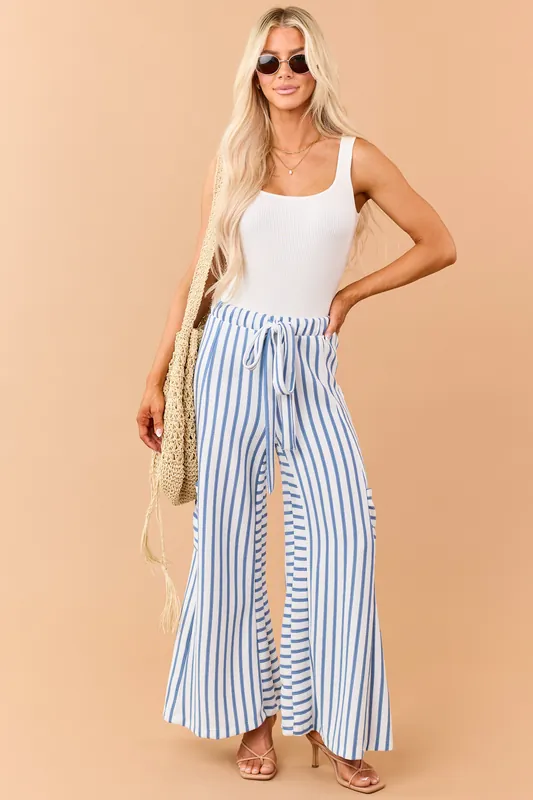 Steel Blue and White Striped Wide Leg Pants - Jade by Jane