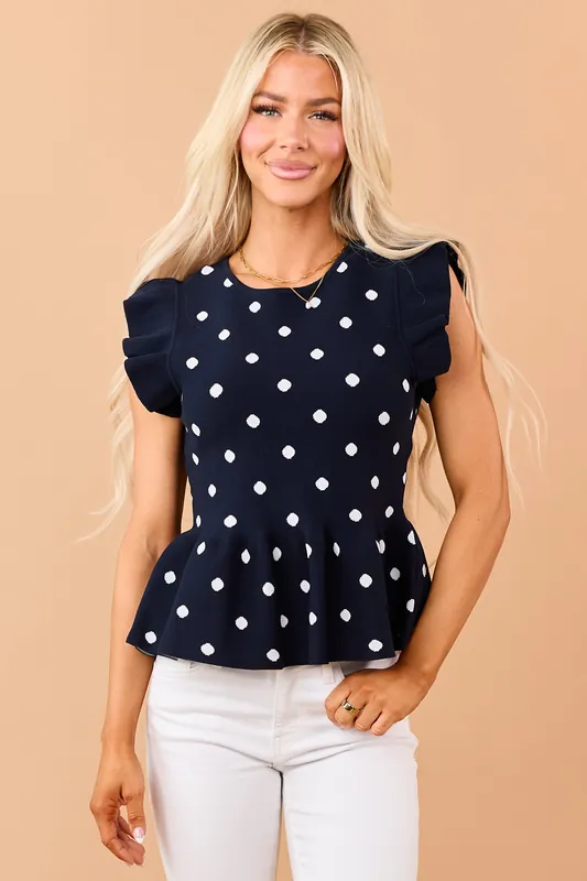 Entro Navy Polka Dot Knit Ruffle Peplum Top