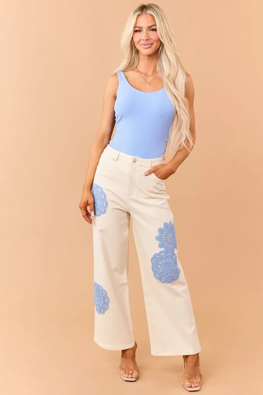 Entro Cream Boho Crochet Patchwork Wide Leg Jeans