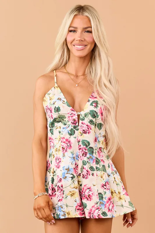 Champagne Floral Print Flare Shorts Denim Romper - Olivaceous