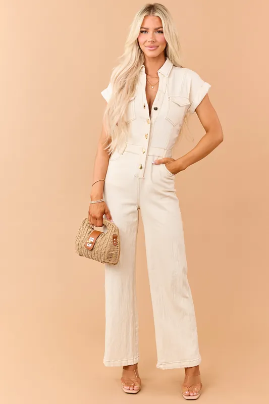 Almond Button Down Short Sleeve Denim Jumpsuit - Shop Iris
