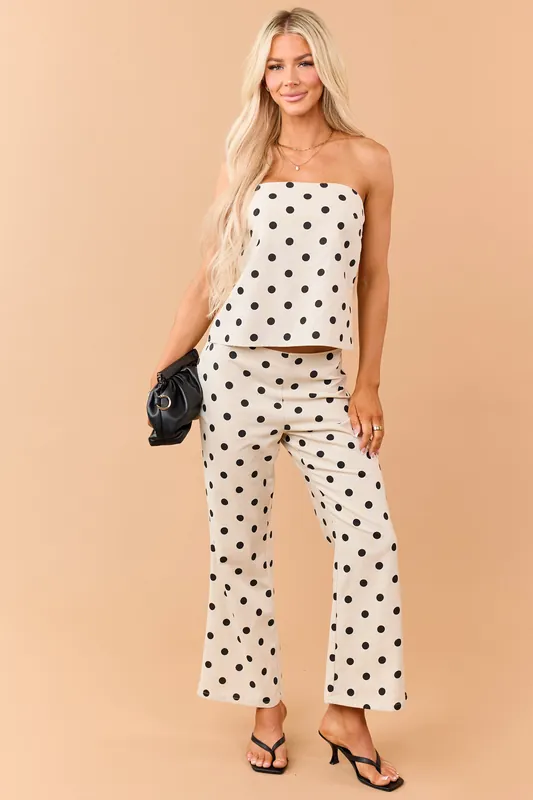 Almond Polka Dot Cropped Linen Blend Flare Pants - LE LIS