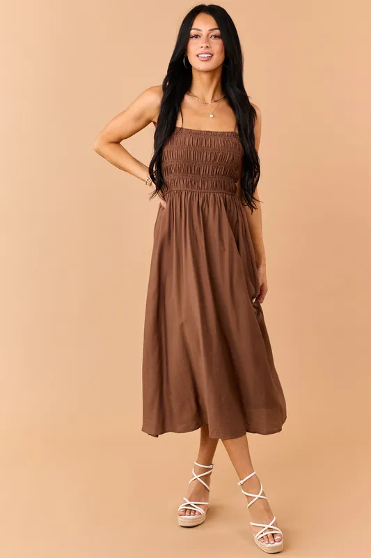 Sepia Smocked Bodice Sleeveless Midi Dress - Blu Pepper