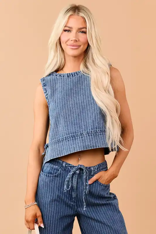 Dark Wash Denim Side Tie Striped Crop Tank Top - Blu Pepper