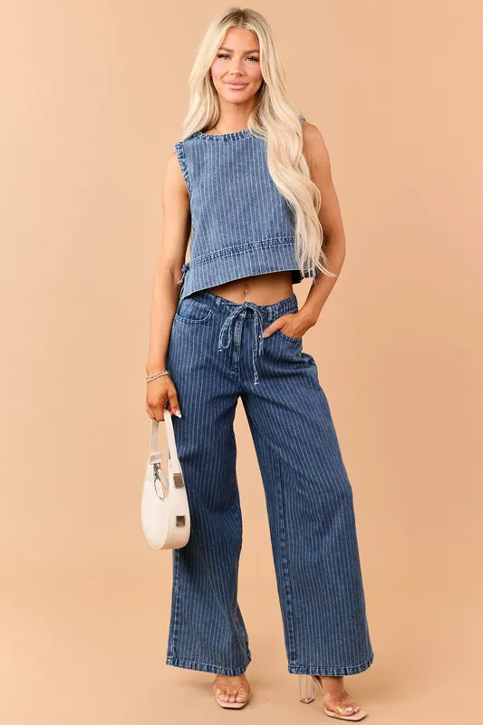 Dark Wash Denim Striped Wide Leg Pants - Blu Pepper