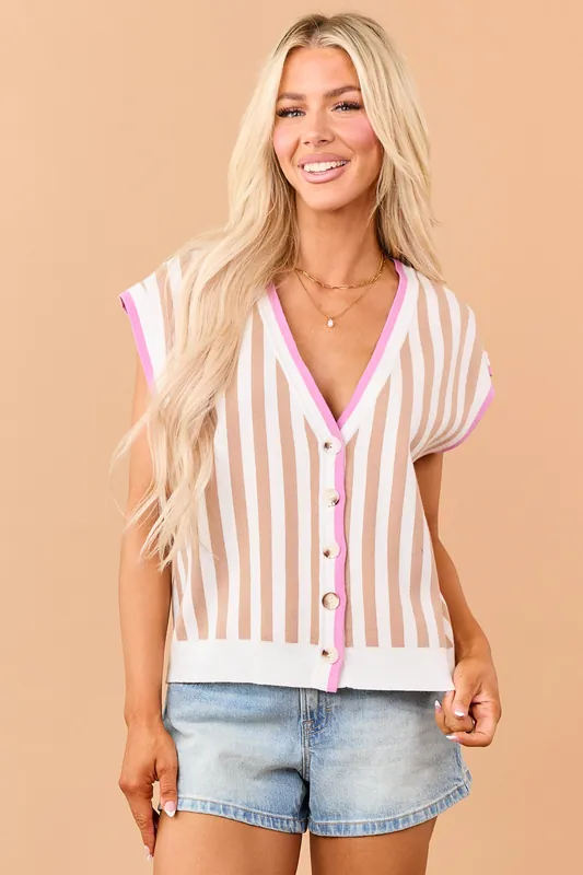 Peanut Striped Button Down Relaxed Sweater Vest - FATE