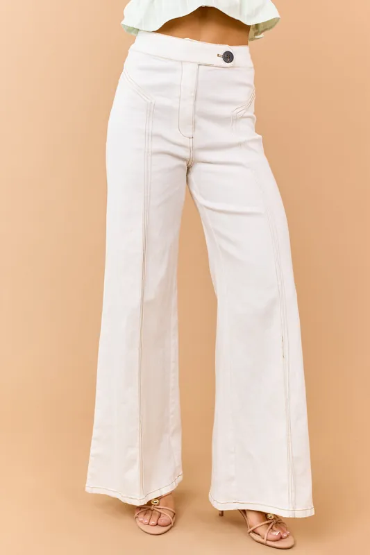 Cream Contrast Stitch Pintuck Seam Flare Jeans - FATE