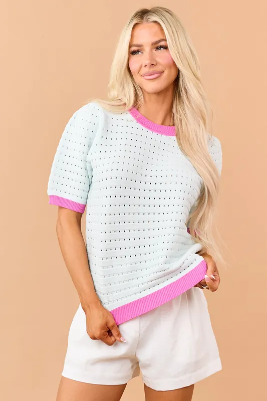 Mint Pointelle Knit Contrast Trim Short Sleeve Top - FATE