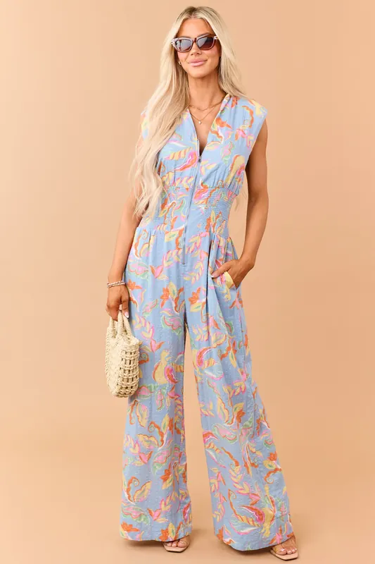 Dusty Blue Floral Zip Up Smocked Waist Jumpsuit - FATE