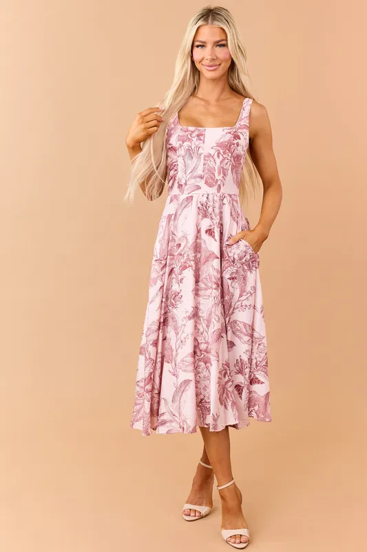 Tea Rose and Cherry Vintage Floral Print Midi Dress - Shop Iris
