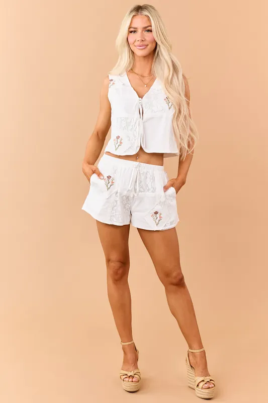 Off White Patchwork Lace Floral Embroidered Shorts - Mustard Seed