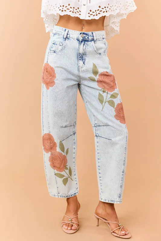 Light Acid Wash Rose Print Crop Barrel Jeans - Mystree