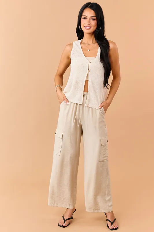 Beige Button Down Vest Top and Oatmeal Pants Set - Aakaa
