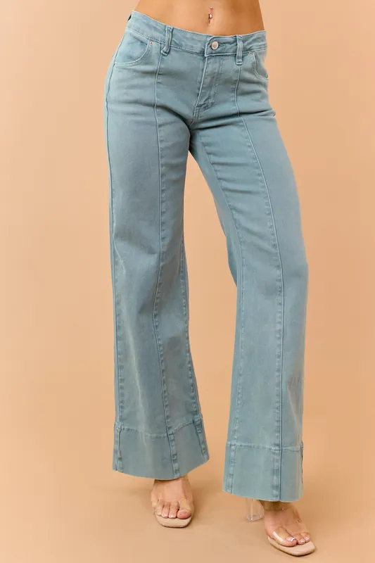 Light Juniper Mid Rise Stretchy Wide Leg Jeans - ZENANA