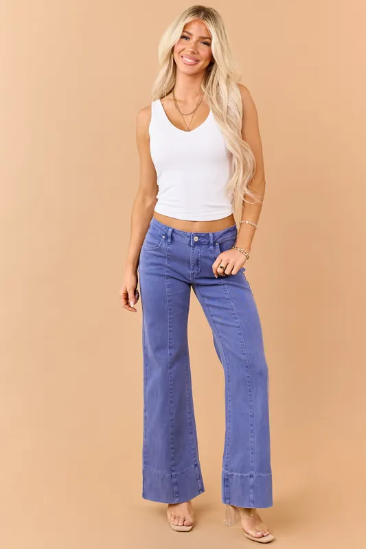 Dusty Blue Mid Rise Stretchy Wide Leg Jeans - ZENANA