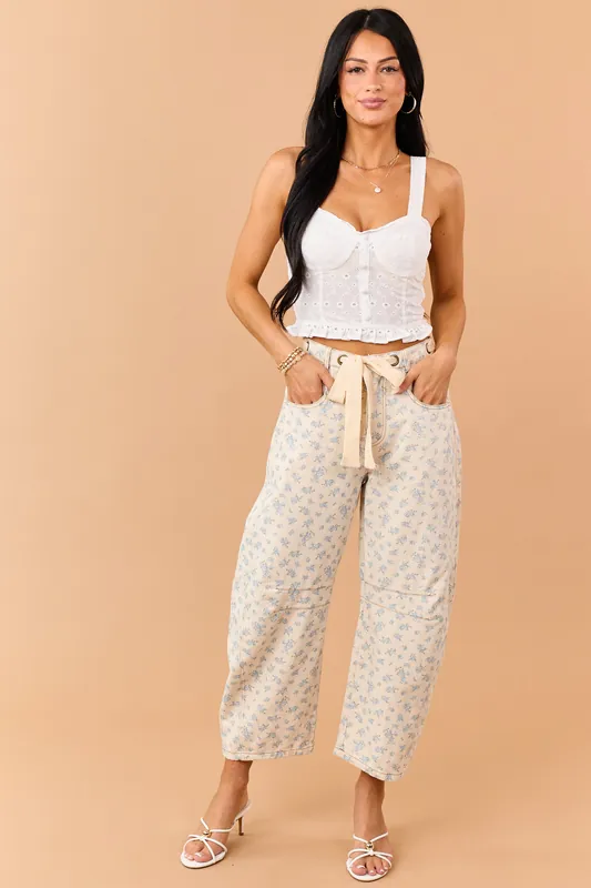 Almond Floral Print Waist Tie Barrel Jeans - Peach Love