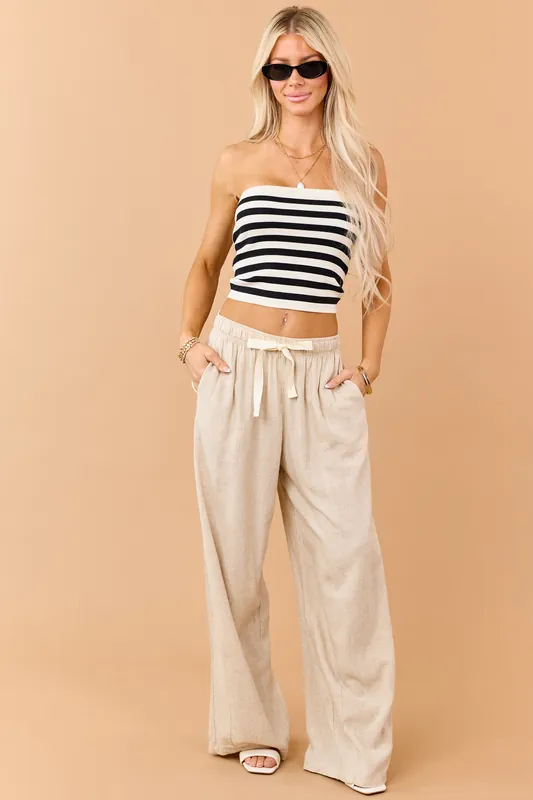 Beige Linen Blend Drawstring Wide Leg Pants - ZENANA