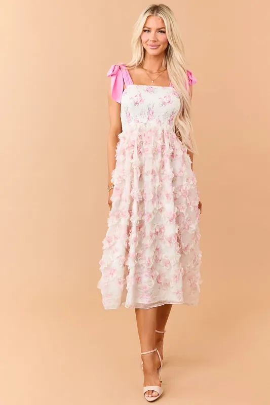 Cream Floral Smocked Bodice Ruffle Skirt Midi Dress - Peach Love