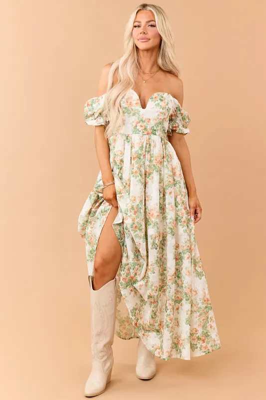 Cream Floral Print Puff Sleeve Sweetheart Maxi Dress - Heyson