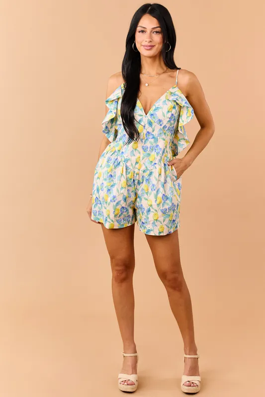 Champagne Floral Print Cotton Ruffled Romper - Heyson