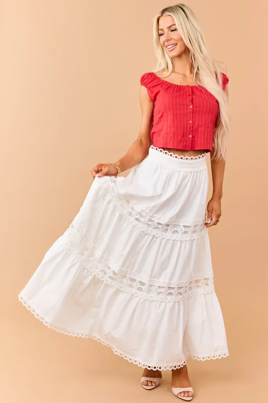 Ivory Cotton Eyelet Lace Tiered Maxi Skirt - Heyson