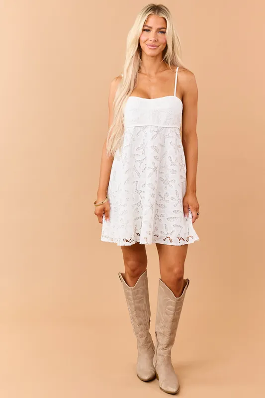 White Floral Lace Babydoll Sleeveless Mini Dress - Heyson