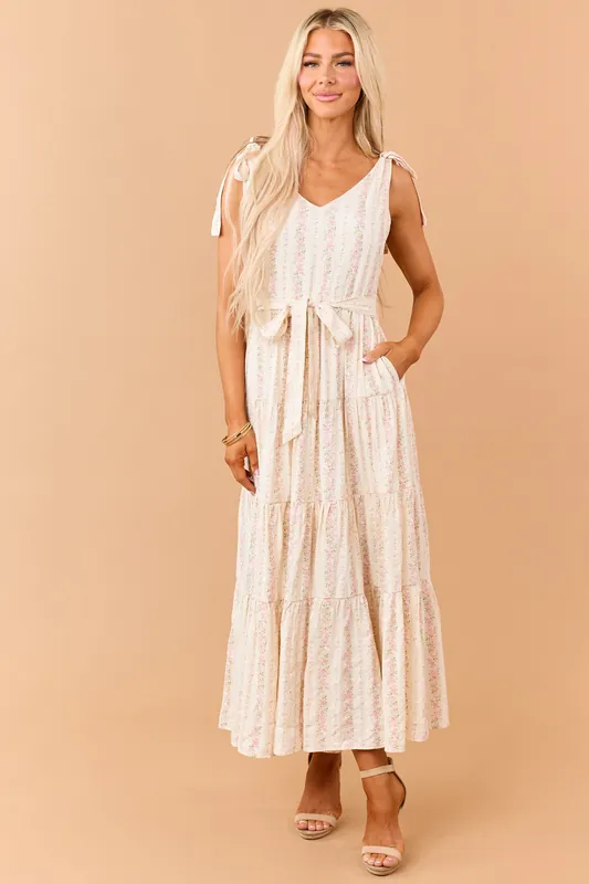Cream Floral Print Tie Strap Waist Tie Maxi Dress - Heyson