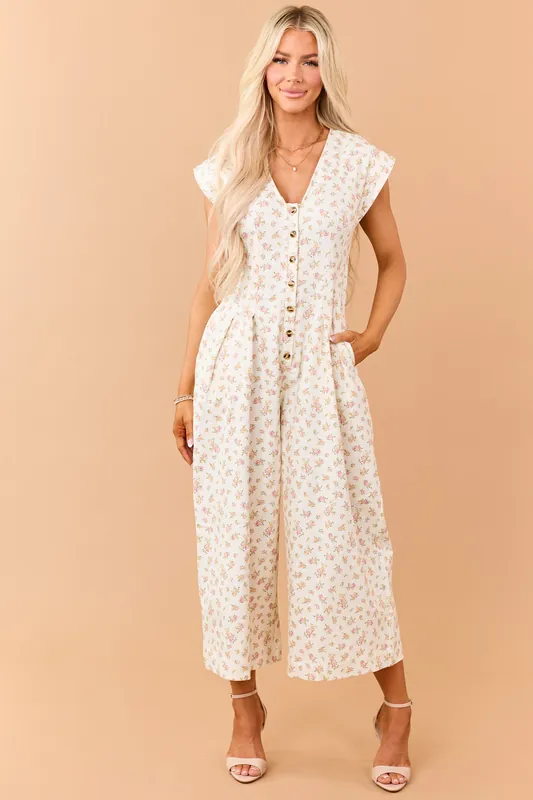 Cream Floral Print Twill Denim Button Down Jumpsuit - Peach Love