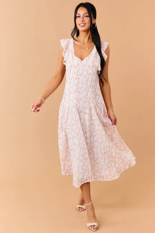 Ivory Floral Print V Neck Flutter Sleeve Midi Dress - Peach Love