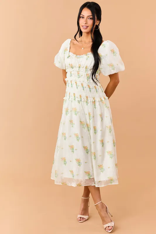 Cream Floral Smocked Waist Ruffle Trim Midi Dress - Peach Love