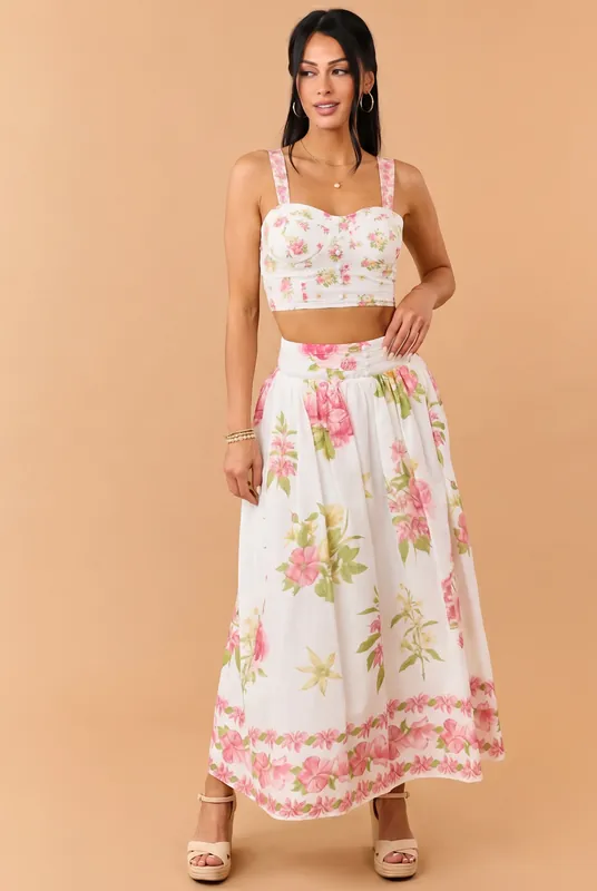 Ivory Floral Print Cotton Crop Top and Skirt Set - Peach Love