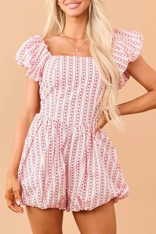 Lipstick Cotton Floral Print Bubble Hem Romper - Peach Love