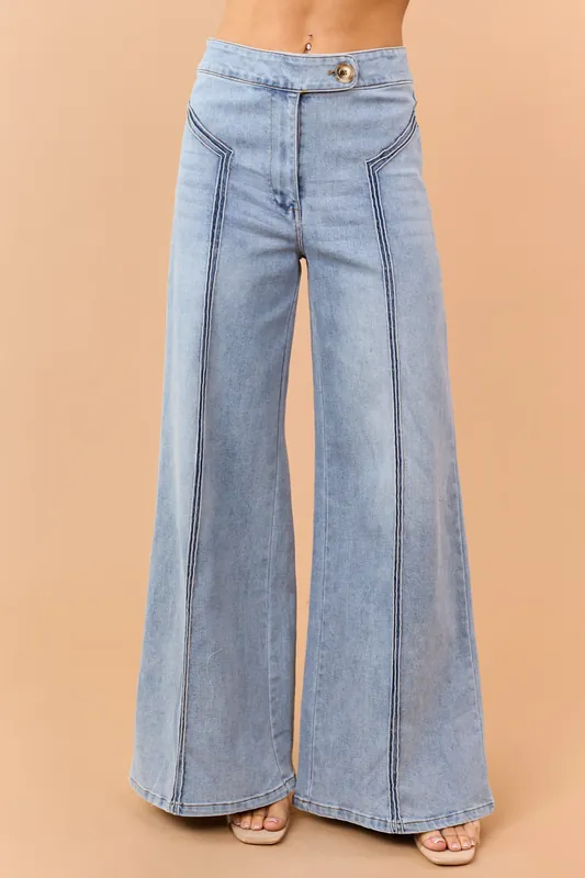 Light Wash High Rise Stretchy Wide Leg Jeans - FATE