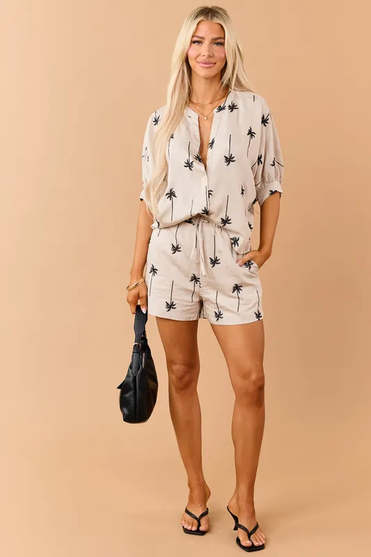 Oatmeal Palm Tree Embroidered Elastic Waist Shorts - Allie Rose
