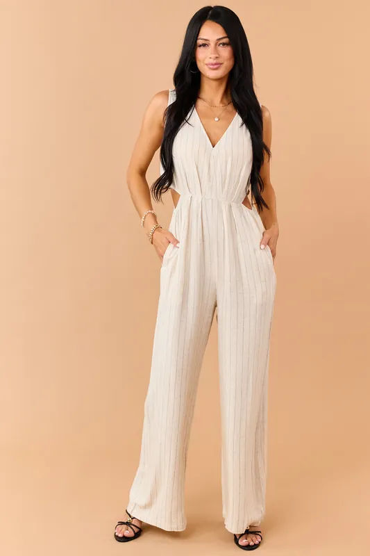 Almond Pinstripe Linen Blend Side Cut Out Jumpsuit - Allie Rose