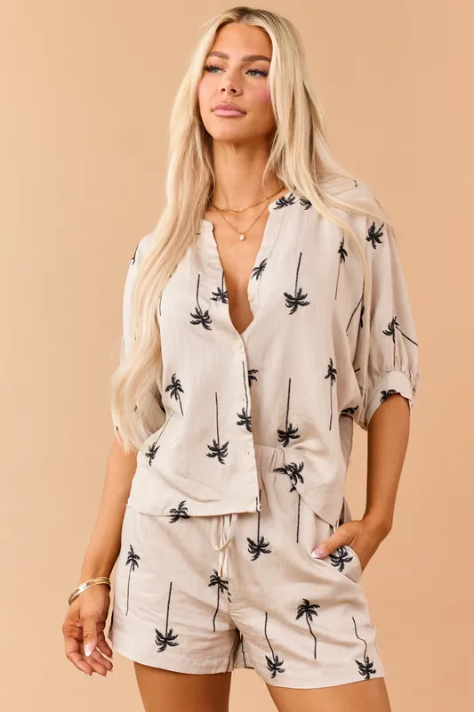 Oatmeal Palm Tree Embroidered Button Down Top - Allie Rose