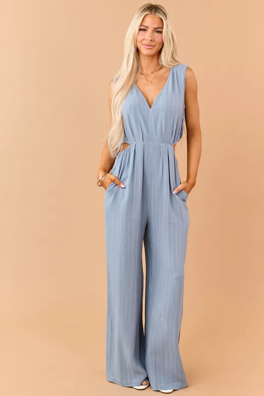 Powder Blue Pinstripe Linen Blend Side Cut Out Jumpsuit - Allie Rose